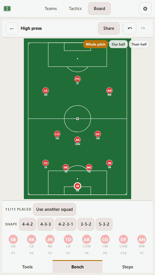 The tactics board on a phone, showing a 4-4-2 formation laid out on a green pitch with numbered player circles.