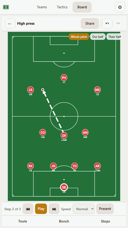 The step bar along the bottom of the board, with several named steps of a move.