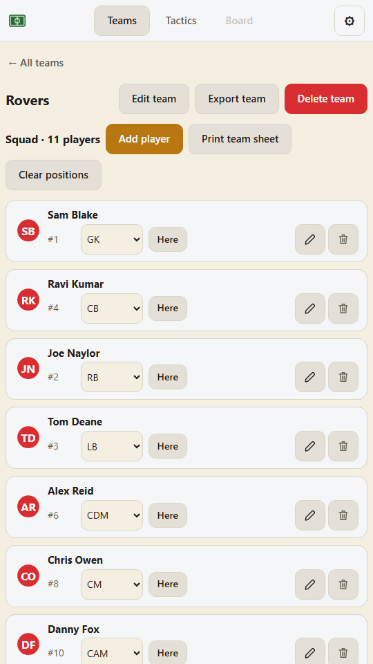 The squad list, showing players with shirt numbers, initials and positions.